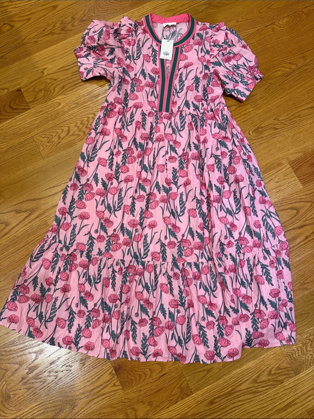 entro Pink Floral Midi Dress with Green Trim Accents